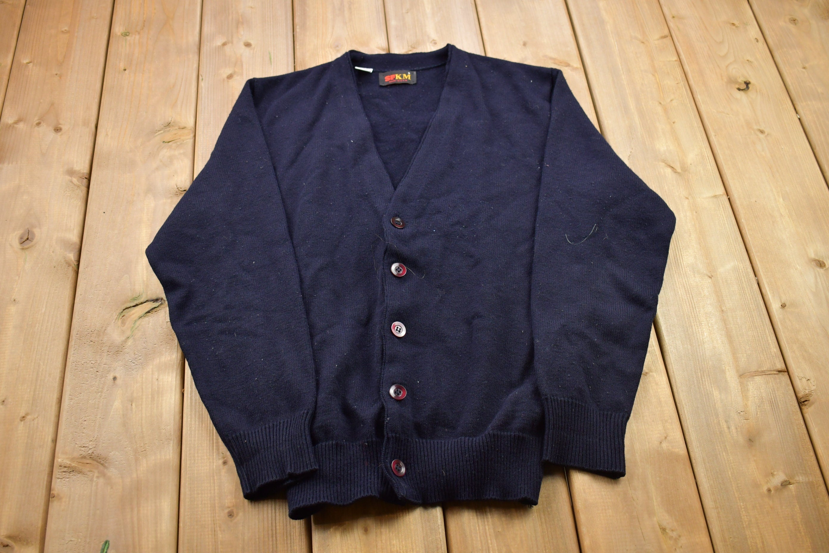 Vintage 1990s Blank Navy Blue Knitted Cardigan Sweater /
