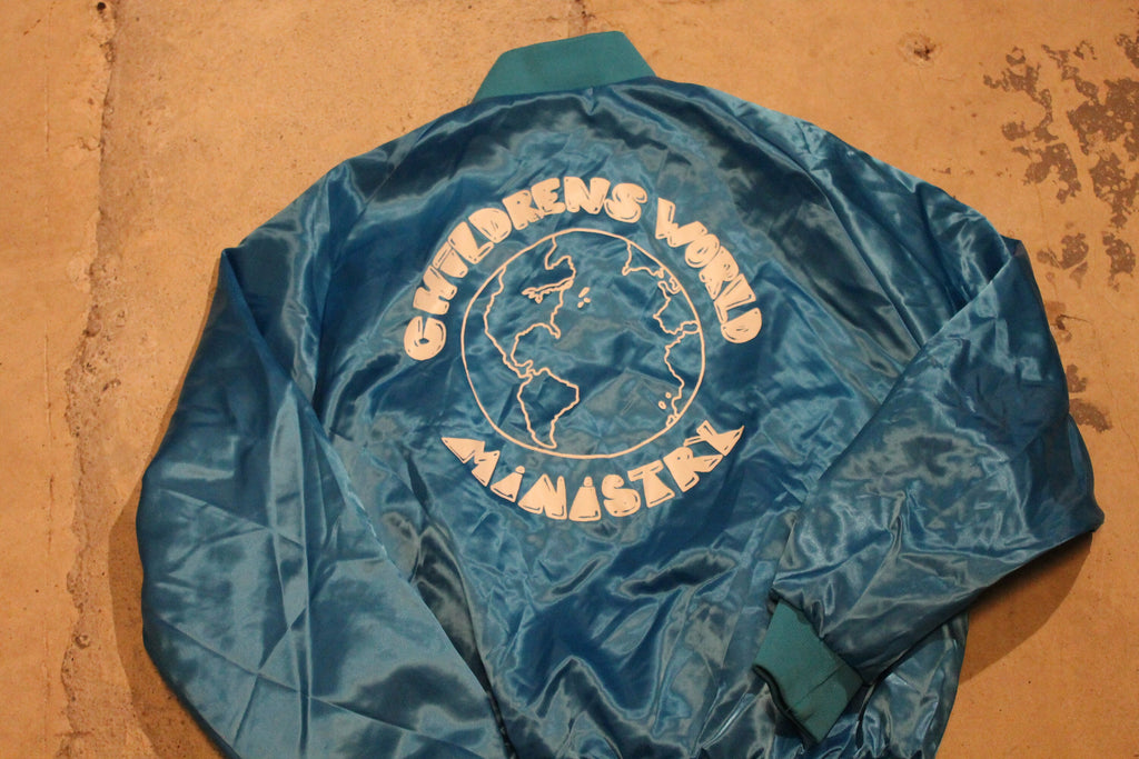 Vintage 1980s Children's World Ministry Snap Button Satin Bomber Jacket