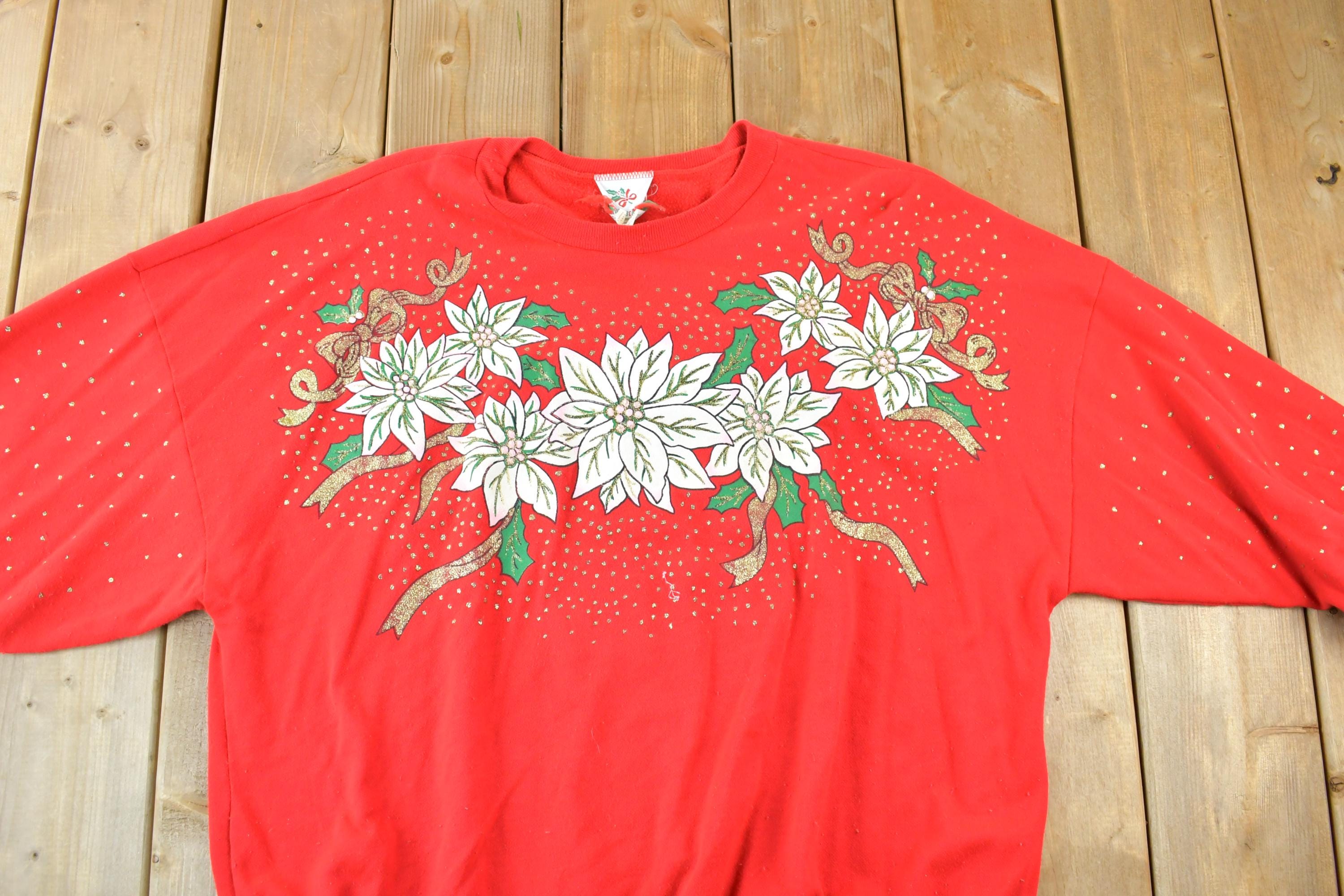 Vintage 1990s Poinsettia AOP Cute Crewneck Christmas Sweater