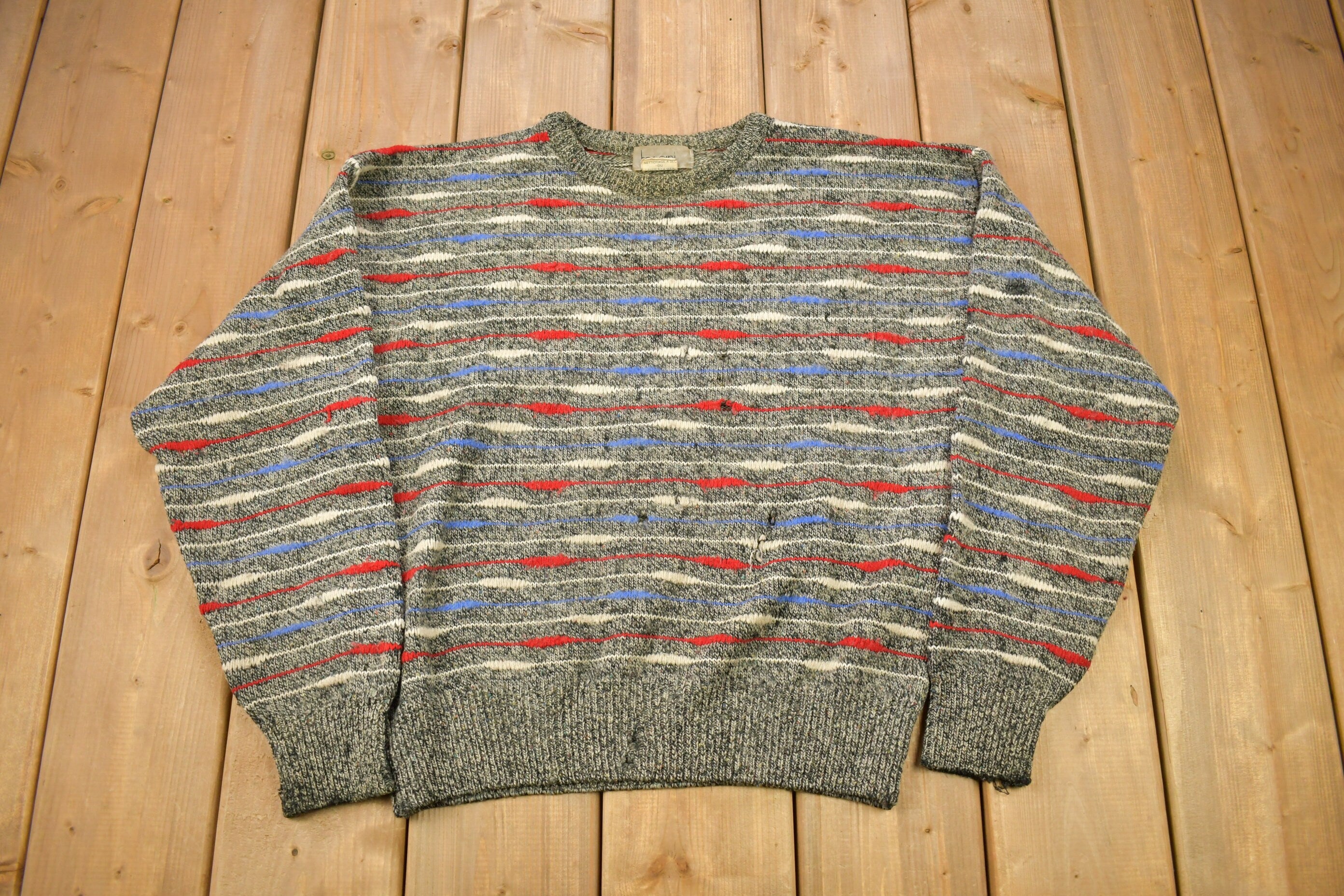 Vintage 1990s Tosani Striped Knitted Crewneck Sweater  Vintage 90s Crewneck  All Over Pattern  Colorful Sweatshirt  Abstract Pattern