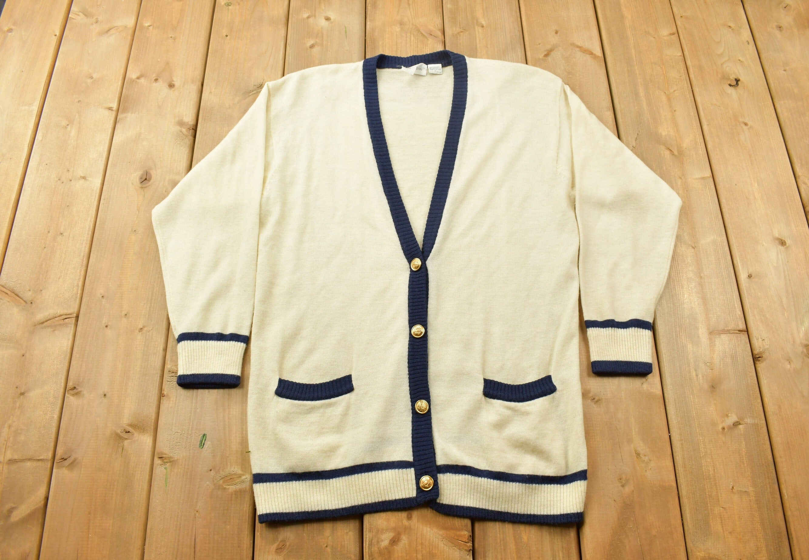 Vintage 1990s JH Collectibles Knitted Cardigan Sweater  Vintage Cardigan  Button Up  Blank Cardigan  Vintage Knit  Nautical Sweater