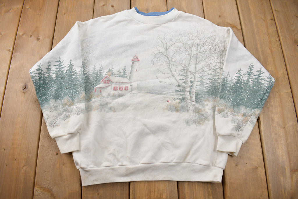 Vintage 1990s Winter Lighthouse All Over Print Crewneck Sweatshirt