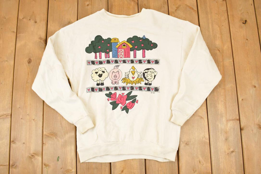 Vintage 1990s Cute Cartoon farm Animal Graphic Print Crewneck Sweatshirt Womens M