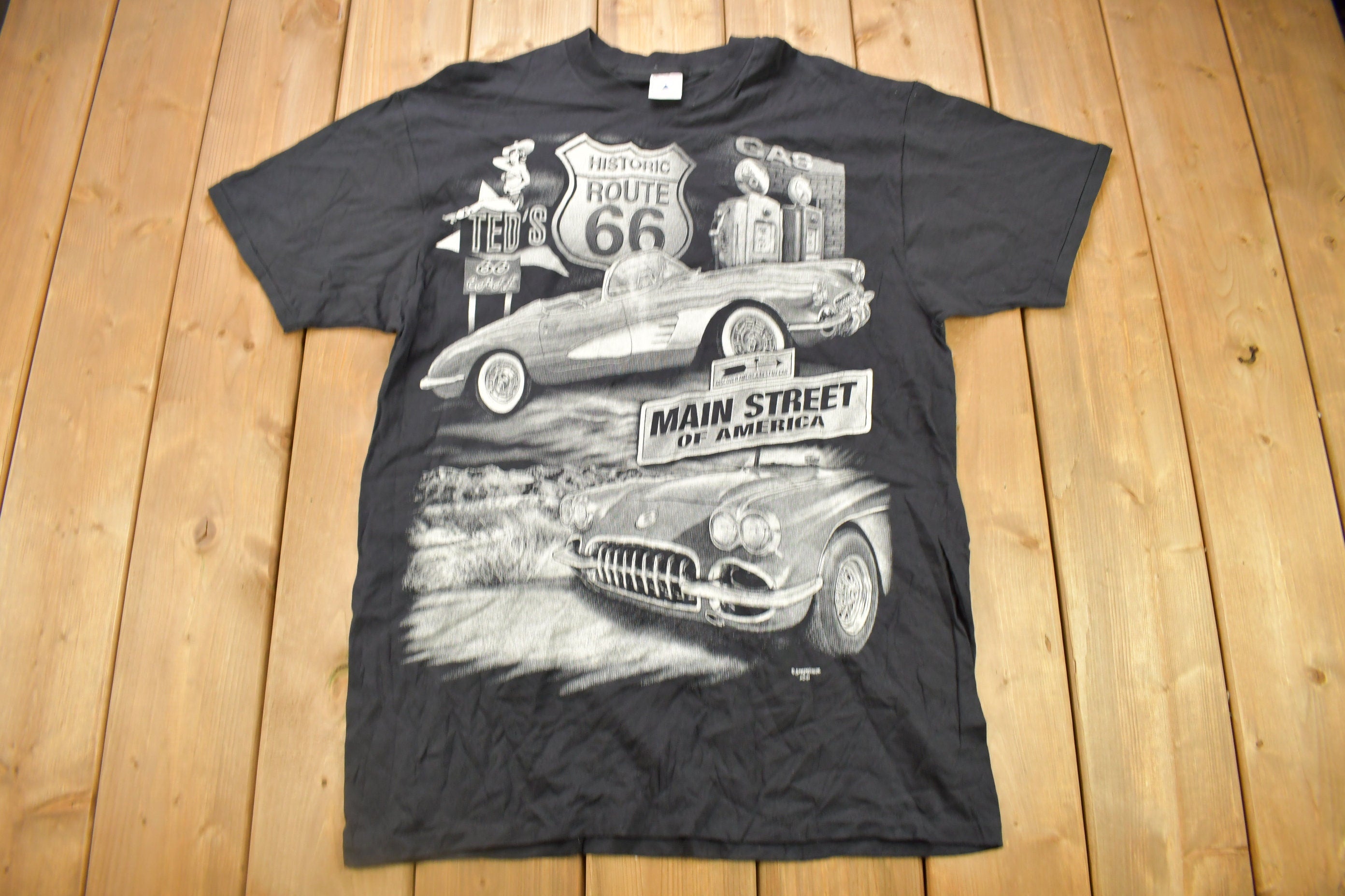 Vintage 1990s Main Street Of America Route 66 Classic Car Graphic T Shirt