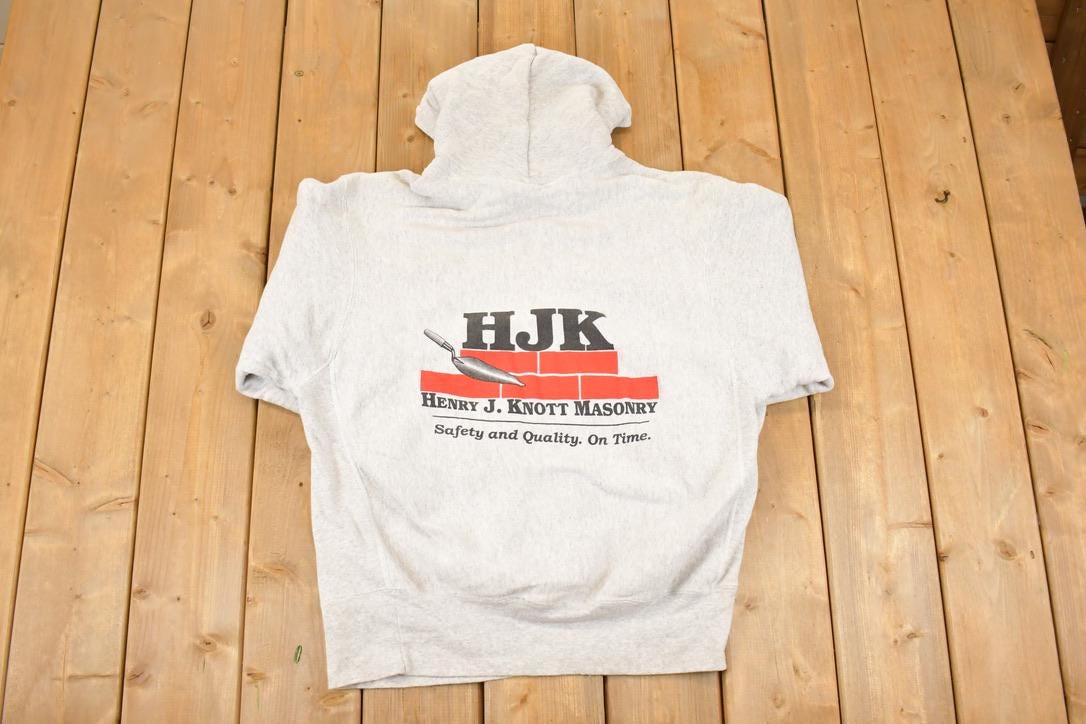 Vintage 1990s Henry J Knott Masonry Graphic Print Cross Grain Heavyweight Hoodie Sweatshirt Men's L
