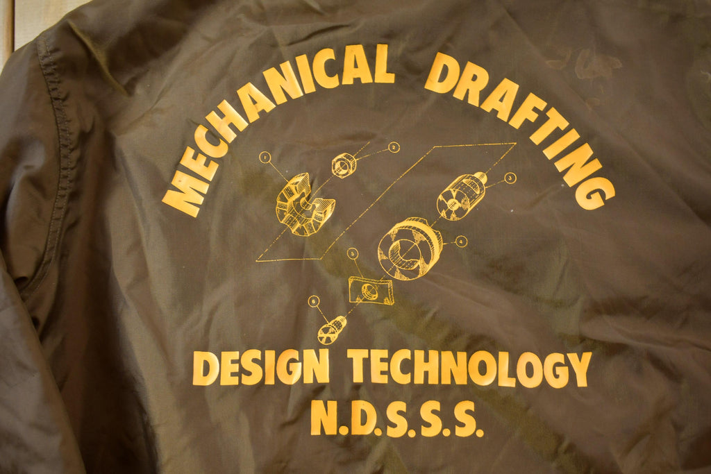 Vintage 1990s Mechanical Drafting Embroidered Snap Button Satin Jacket Made In USA - Large