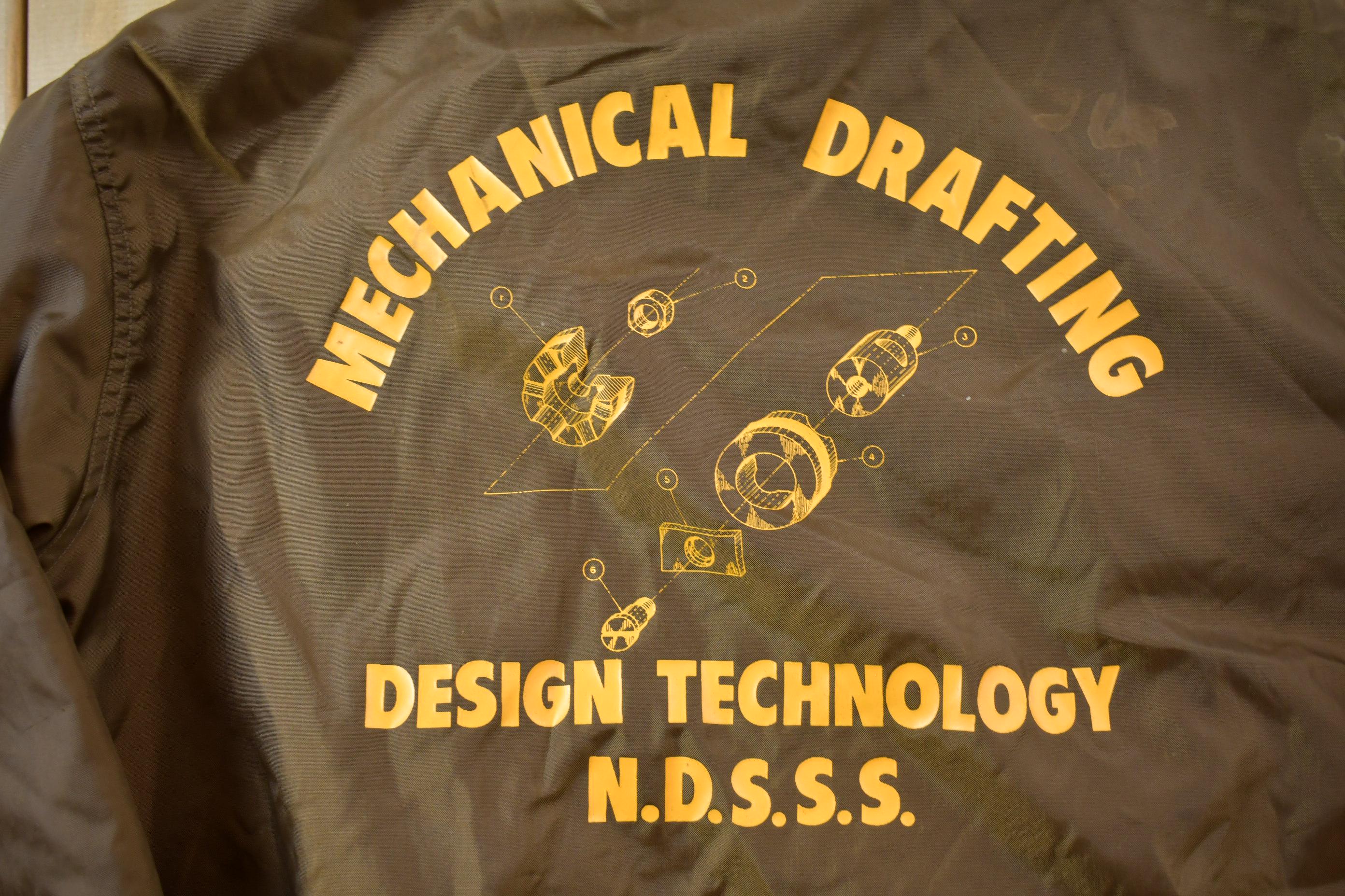 Vintage 1990s Mechanical Drafting Embroidered Snap Button Satin Jacket Made In USA - Large