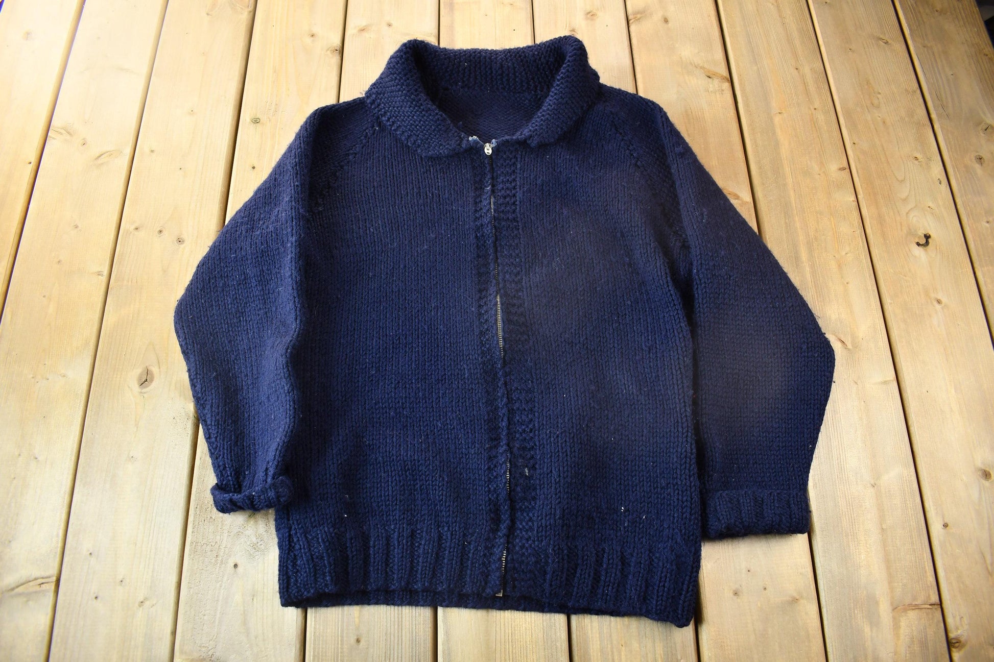 Vintage 1950s Hand-Knit Blank Navy Blue Cowichan Sweater
