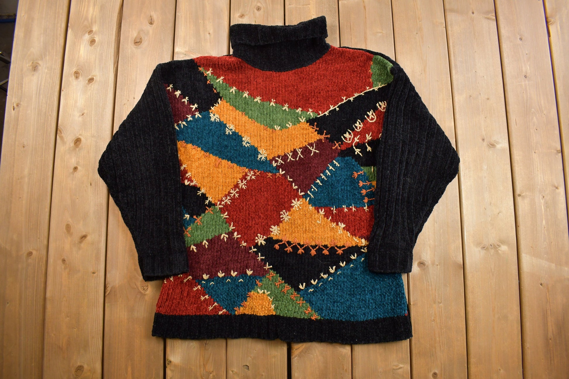 Vintage 1980s Abstract Pattern Knit Patchwork Turtle Neck Sweater