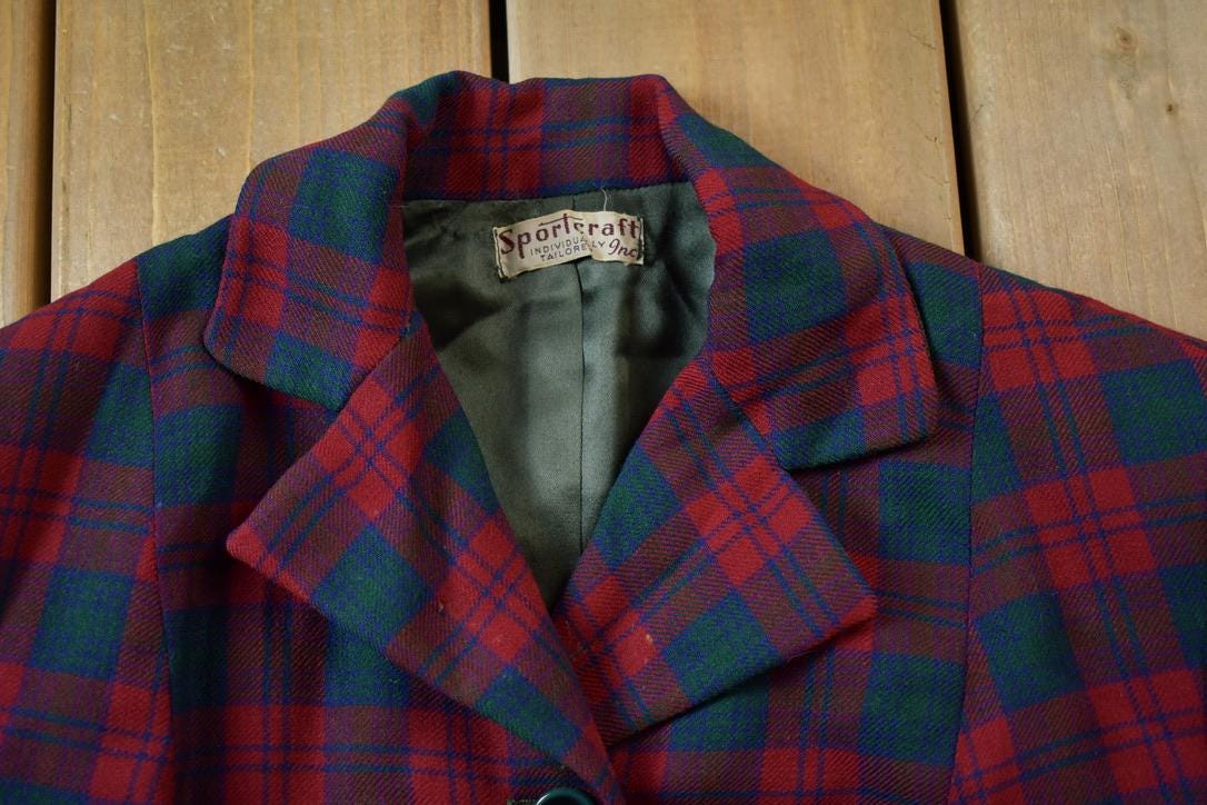 Vintage 1940s Sportcraft 100% Wool Plaid Womens Hunting Active Blazer Made In USA Activewear