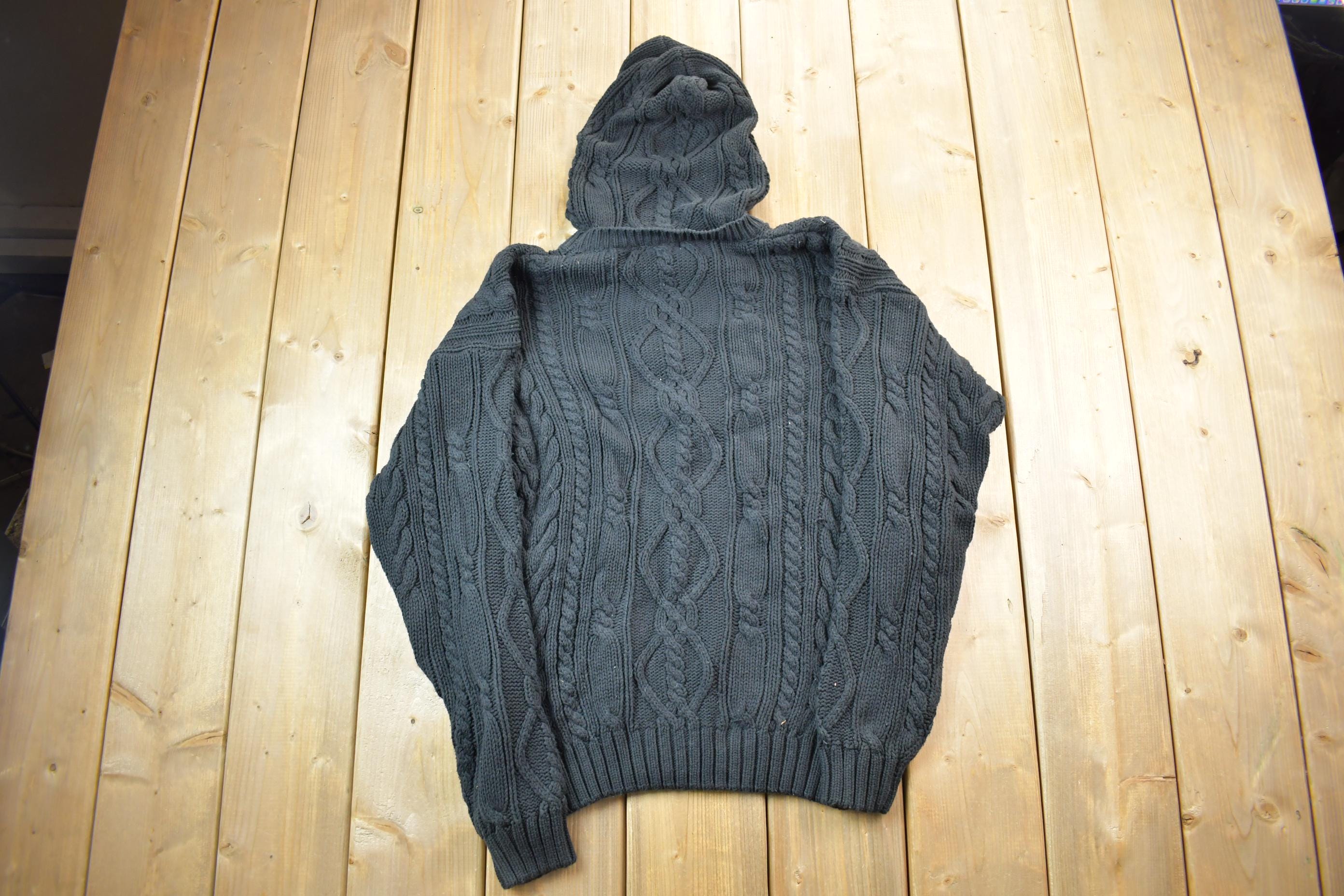 Vintage 1990s Black Cable Knit Hoodie Sweater / Vintage 90s Crewneck / Streetwear