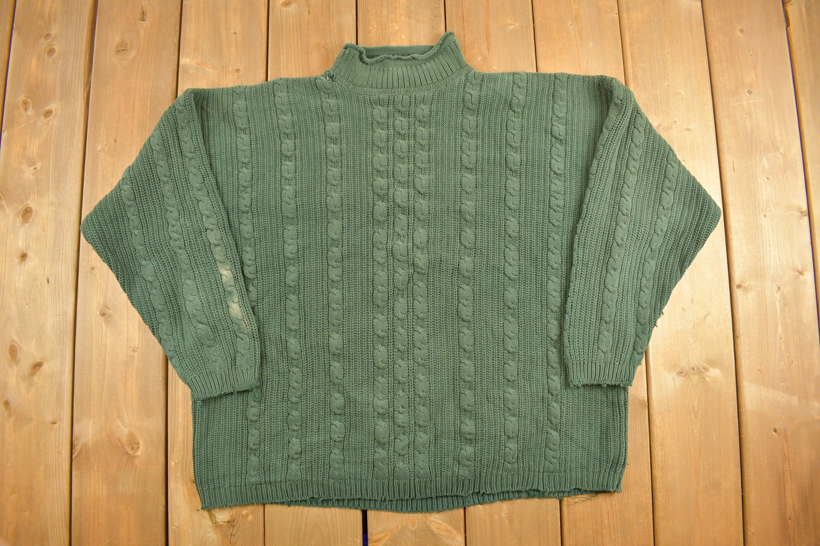 Vintage 1990s Forest Green Cable Knit Crewneck Sweater