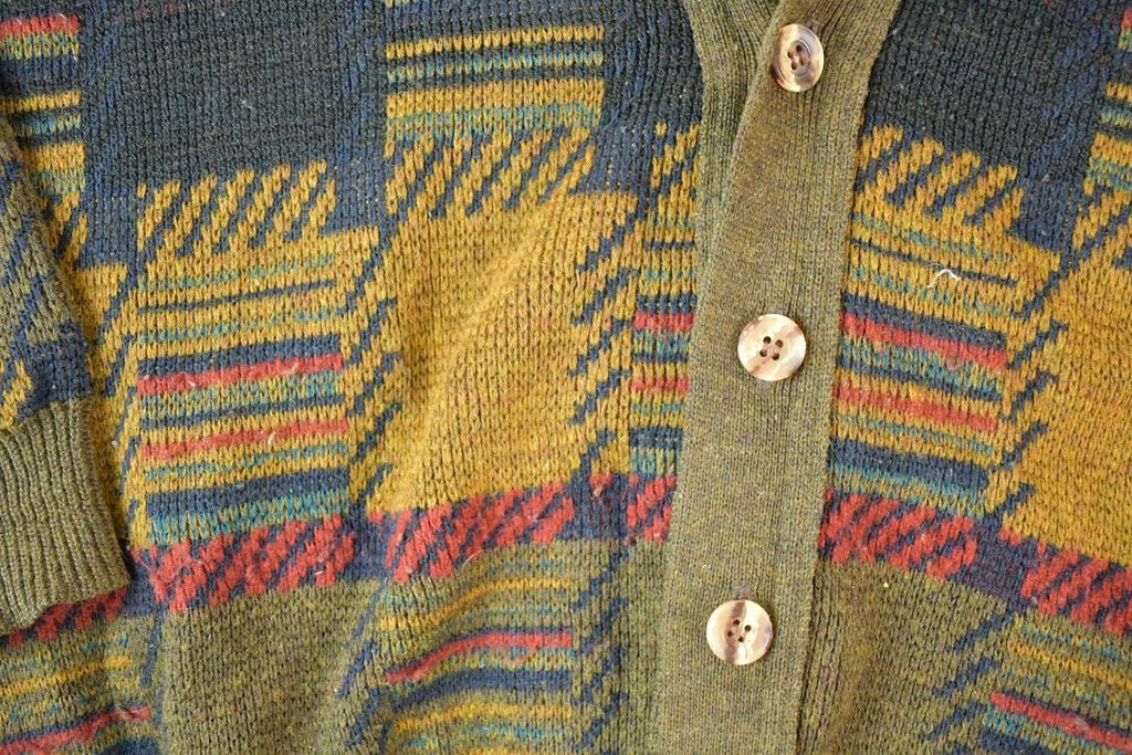 Vintage 1970s Serge Saint Yves Knit Cardigan Abstract Print Sweater Men's XL