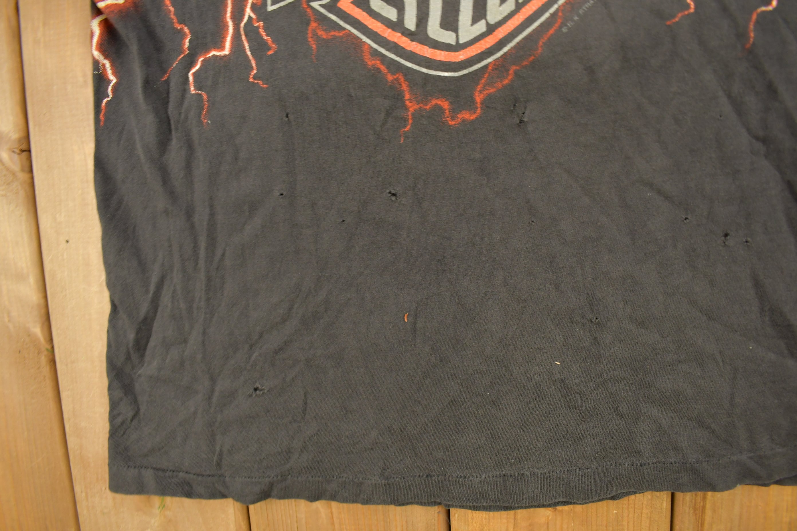 Vintage 1990s Pierce Harley Davidson De Kalb Illinois Lightning Graphic T-Shirt