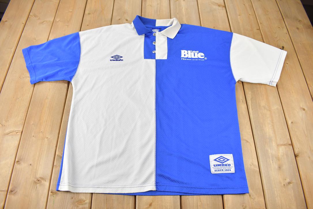 Vintage 1990s Blue & White Umbro Soccer Jersey Made In Canada Size XL