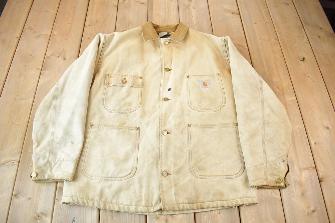 Vintage 1990s Carhartt Blanket Lined Button up Chore Coat Made In USA Size 40