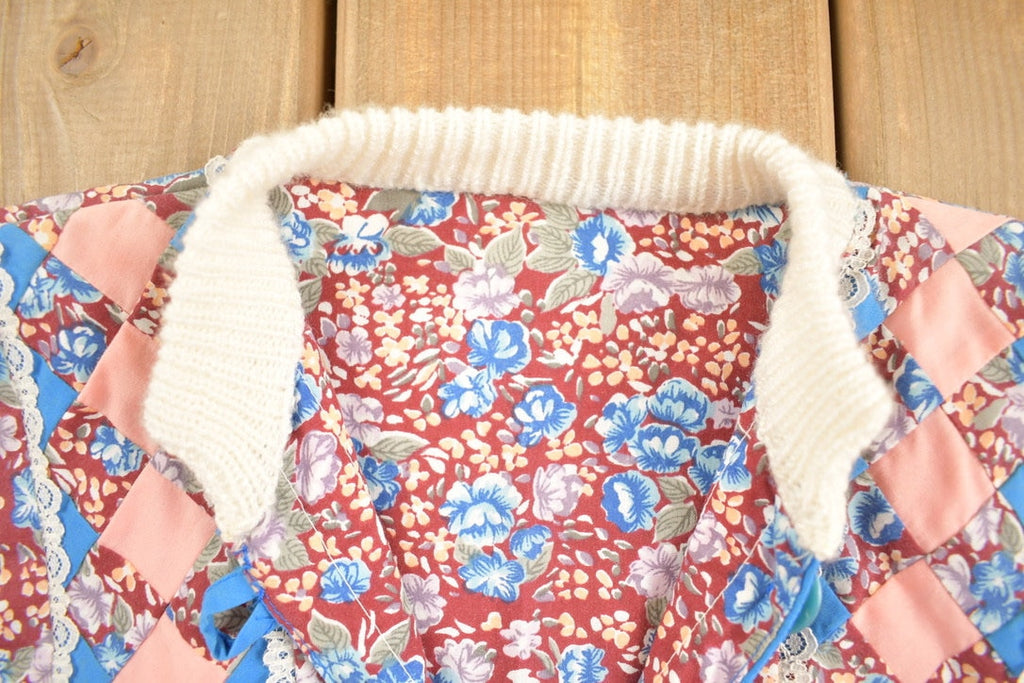 Vintage 1990s Knitted Sleeve Floral Patchwork Bomber Style Cardigan Sweater