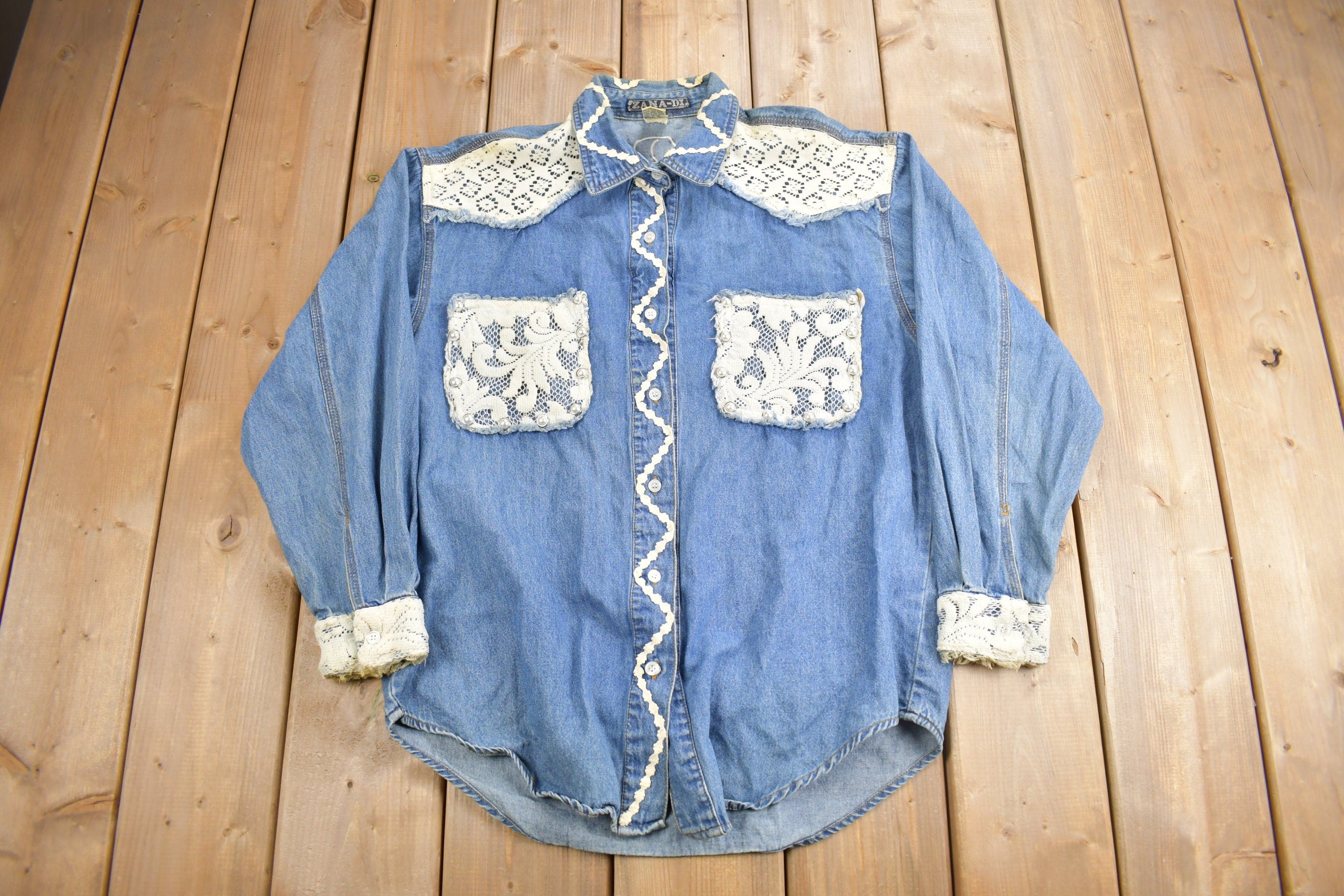 Vintage 1990s Zana-Di Lace Patchwork Denim Button Up Shirt