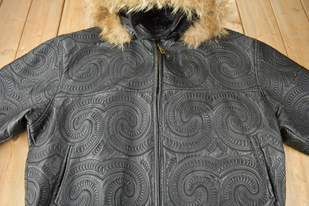Vintage 1990s Tanners Avenue Leather Mosaic Embroidered Bomber Jacket