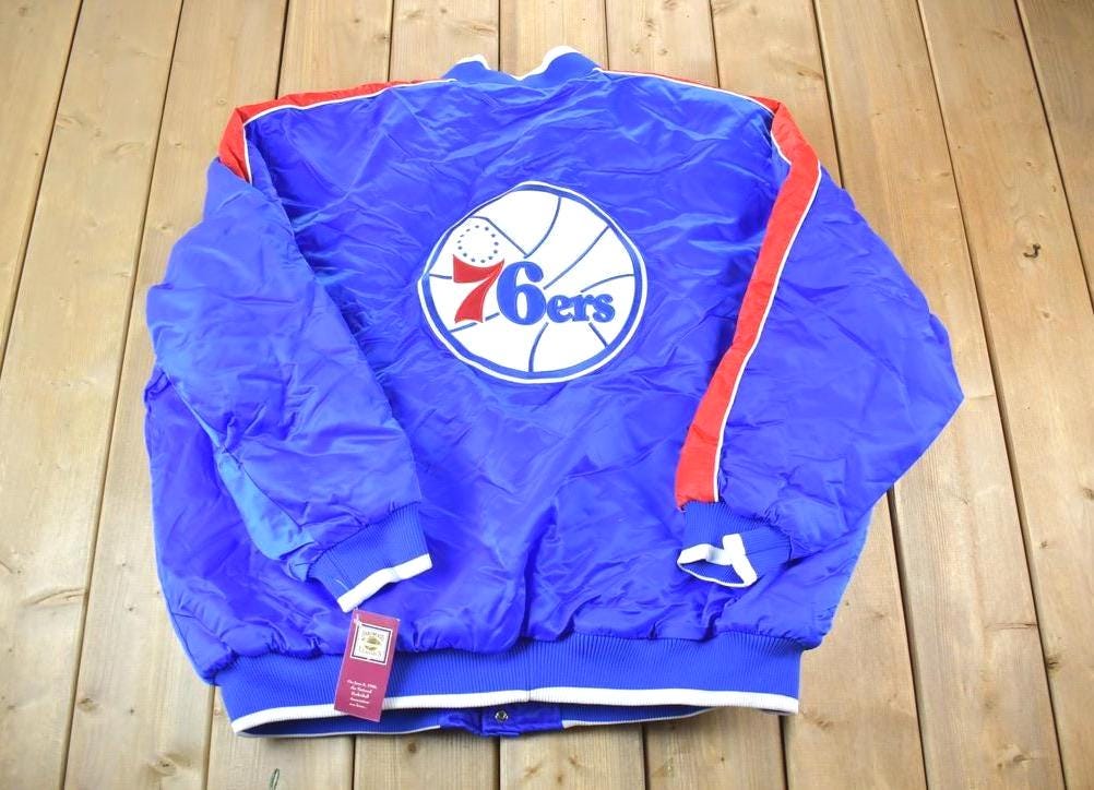 Vintage 1990s Deadstock NBA Hardwood Classics Philadelphia 76ers Satin Button Up Windbreaker Basketball Jacket