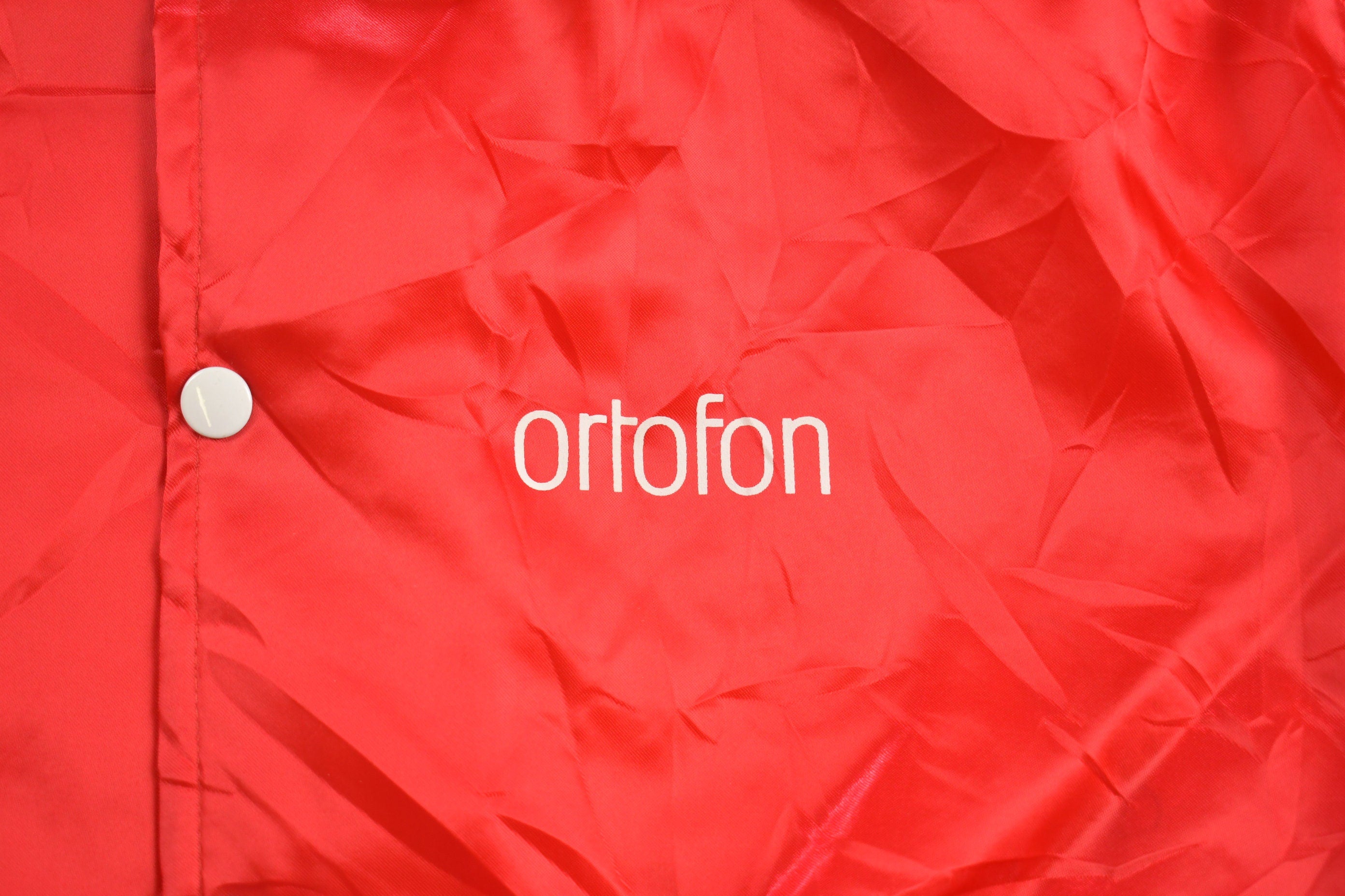 Vintage 1980s Ortofon Red and White Satin Bomber Jacket