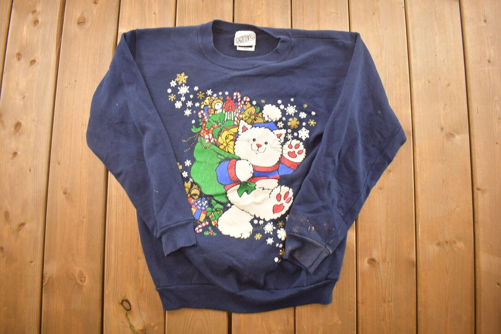Vintage 1990s Santa Cat Christmas Themed Crewneck Sweatshirt