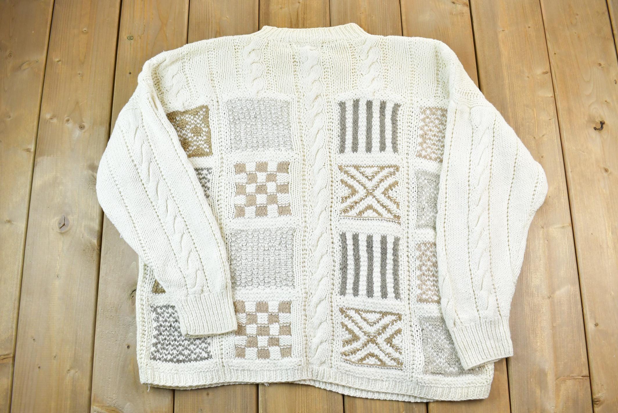 Vintage 1990s Hand Knitted Cie International Express Cable Knit Crewneck Sweater