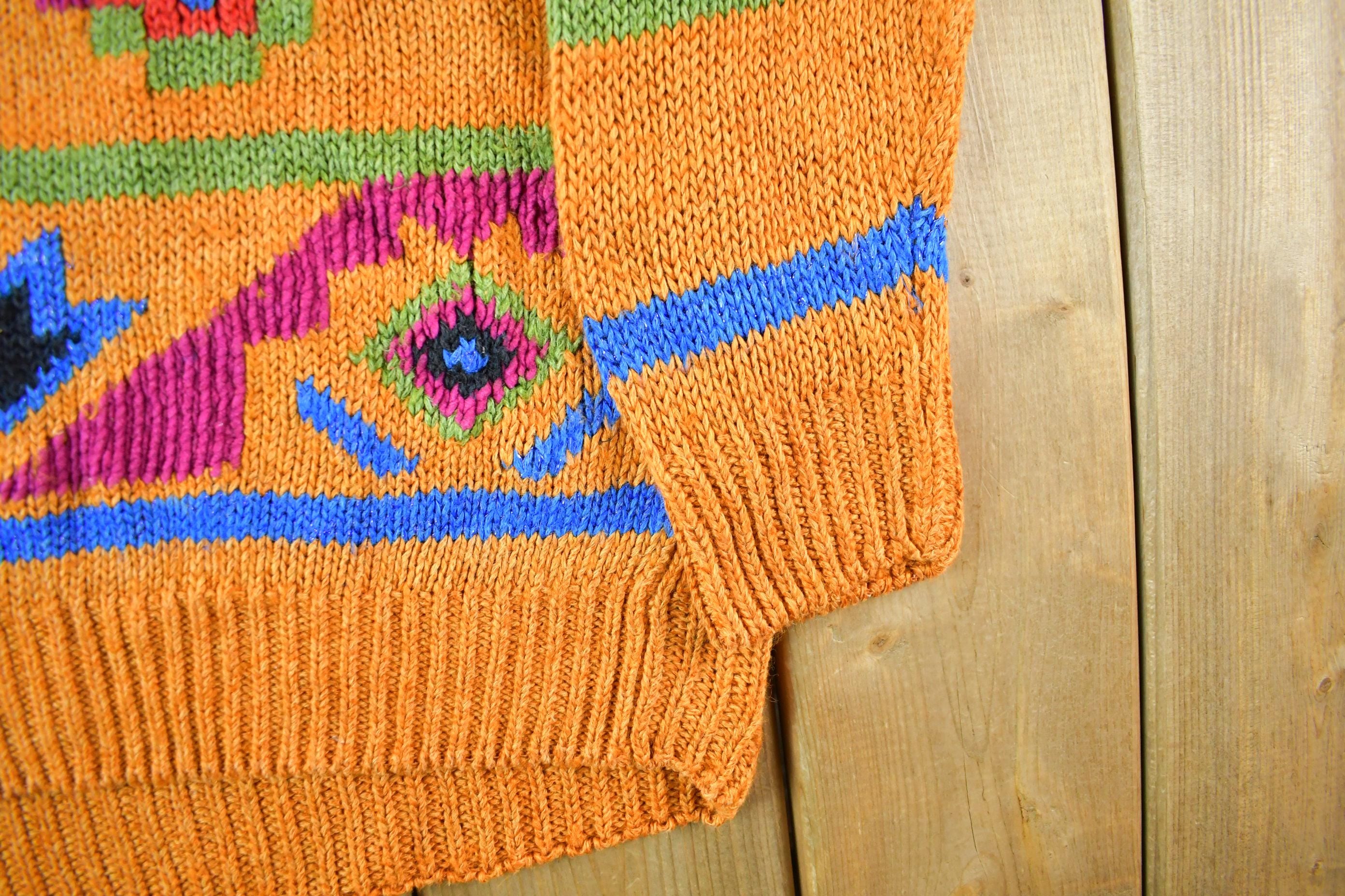 Vintage 1970s 1980s Abstract Floral Knit Sweater Women's S-M  Boho Hippie  Vintage 90s Crewneck  All Over Print  Colorful Sweatshirt