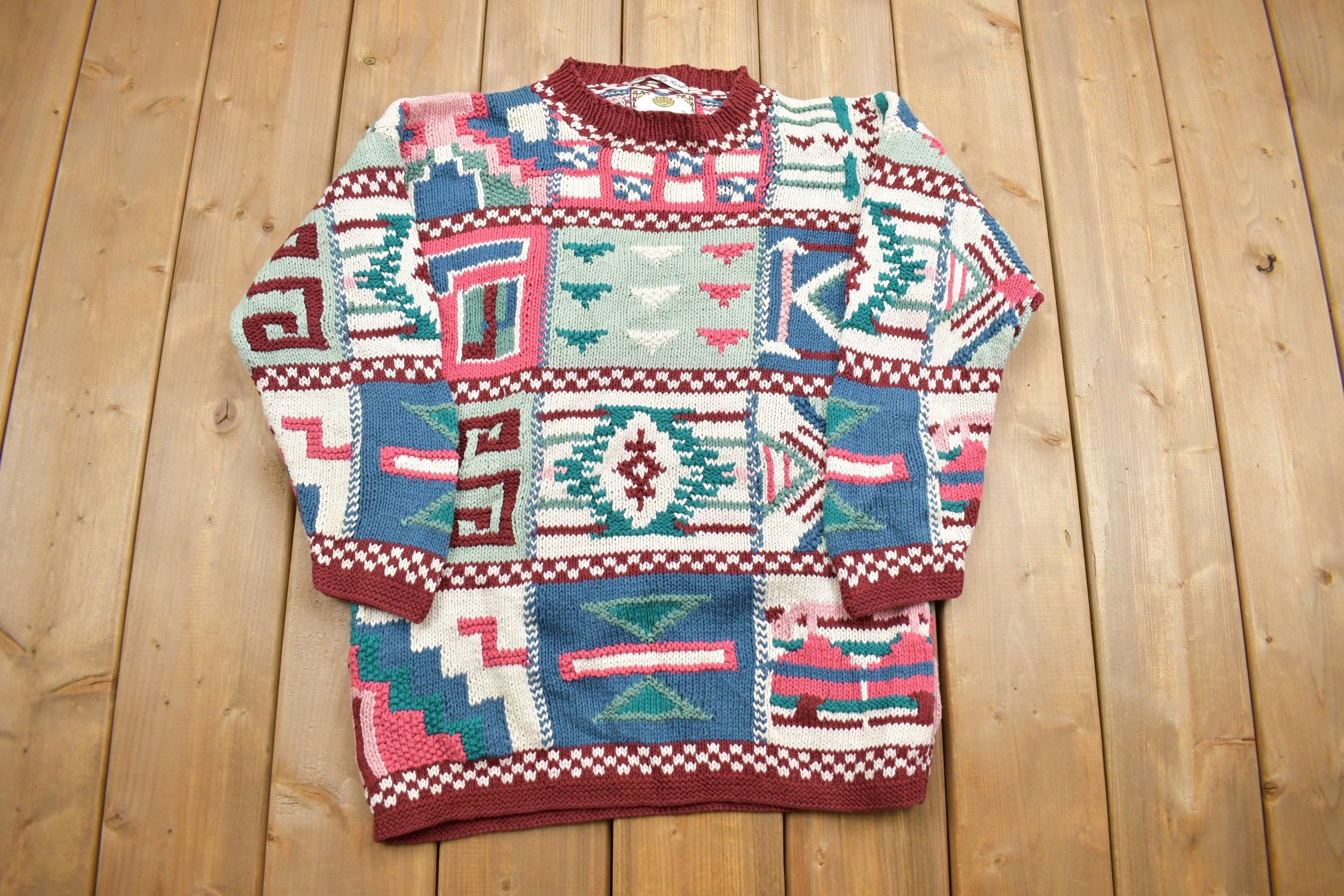 Vintage 1990s 3D Colored Cable Knit Crewneck Sweater / Vintage 90s Crewneck / Abstract Patterns / Tiara