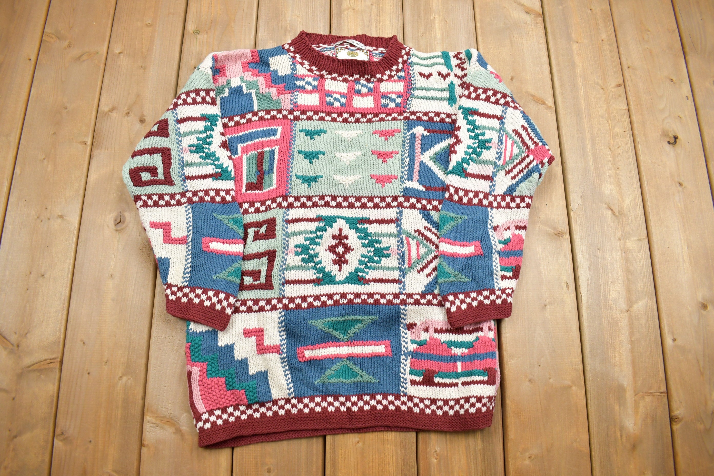 Vintage 1990s 3D Colored Cable Knit Crewneck Sweater