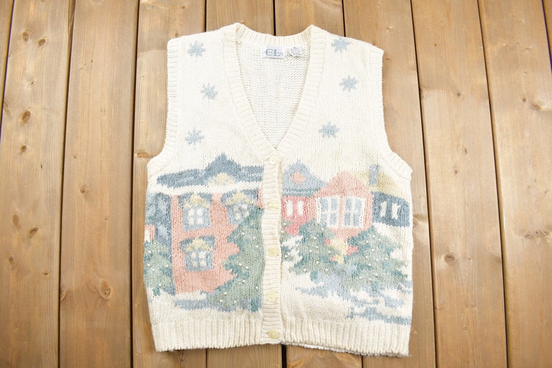 Vintage 1980s Cricket Lane Cute Knit Cardigan Sweater Vest / Cardigan / Vintage Vest / Pattern Sweater / Outdoor / Graphic / 3D Knit