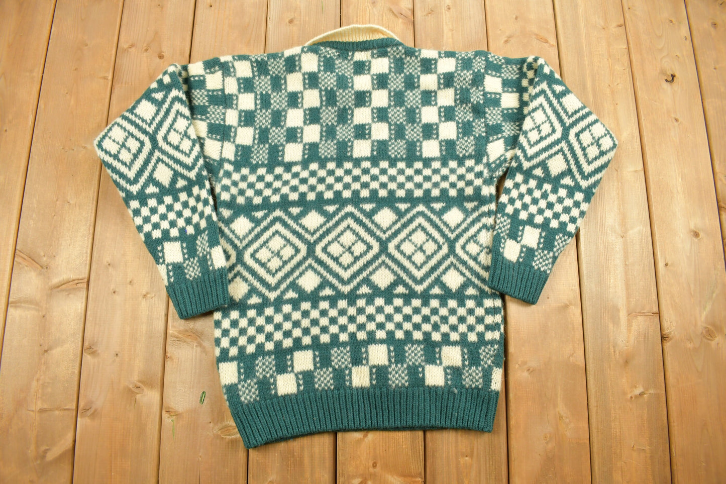 Vintage 1970s Richards Patterned Knit Collared Sweater / Vintage 90s Crewneck / All Over Pattern / Sweatshirt / Abstract