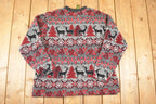 Vintage 1990s Cabellas AOP Reindeer Fleece Outdoorsman Sweater Women's L