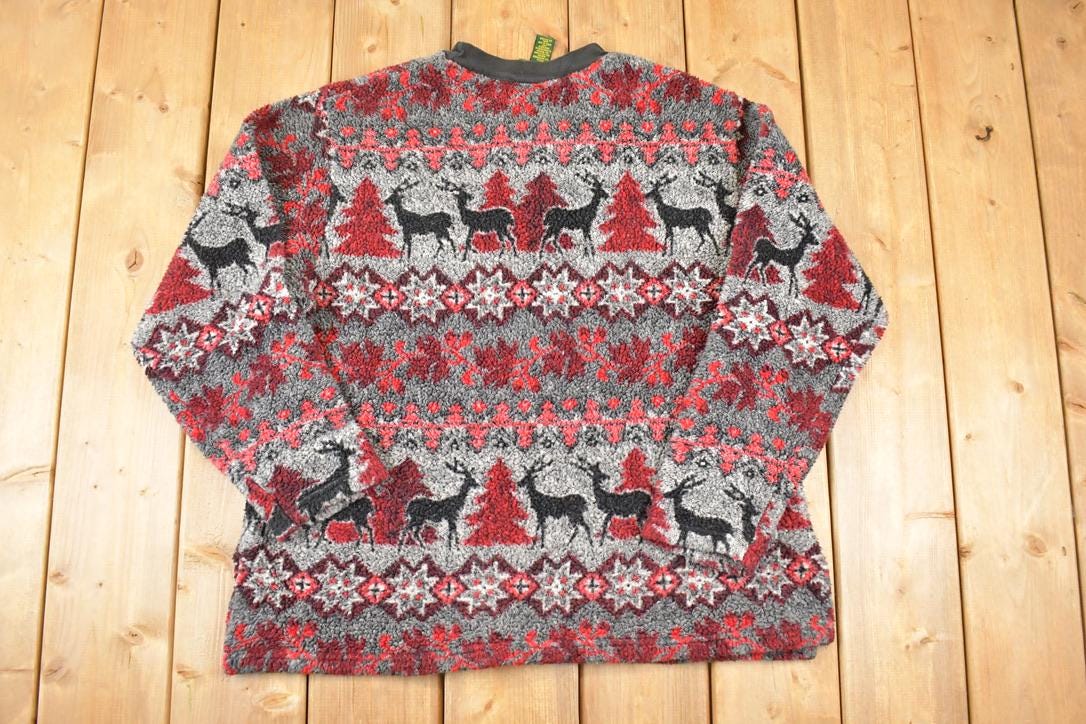 Vintage 1990s Cabellas AOP Reindeer Fleece Outdoorsman Sweater Women's L