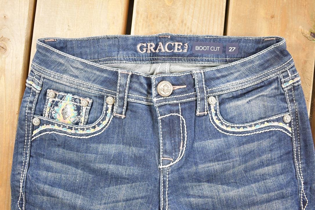 Vintage Deadstock Y2K Grace In LA Bedazzled Low Rise Jeans Women's Size 27 x 33