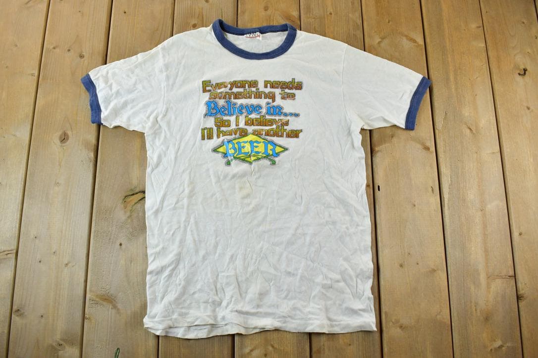 Vintage 1970s Hanes Believe In Beer Souvenir Single Stitch Graphic Print T-Shirt