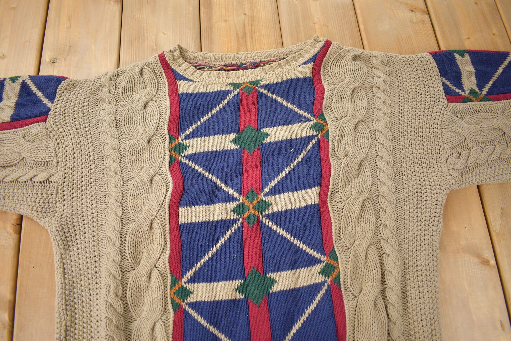 Vintage 1990s Cable Knit Color Block Knit Crewneck Sweater