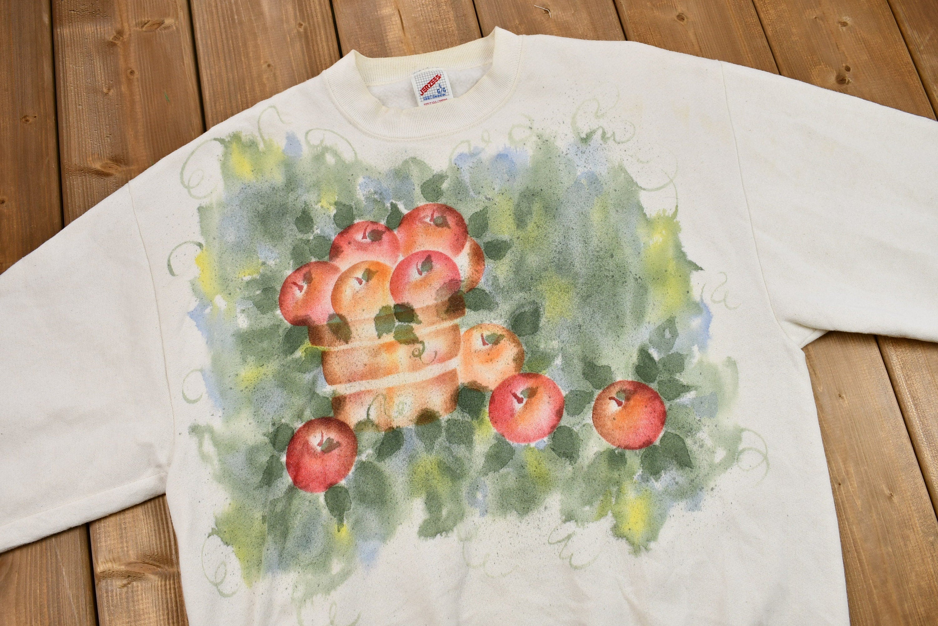 Vintage 1990s Basket of Apples Watercolor Graphic Crewneck Sweatshirt