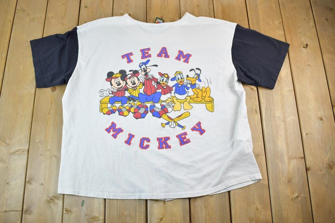 Vintage 1990s Team Mickey Disney Cartoon Baseball Promo Button Up T-Shirt Made In USA