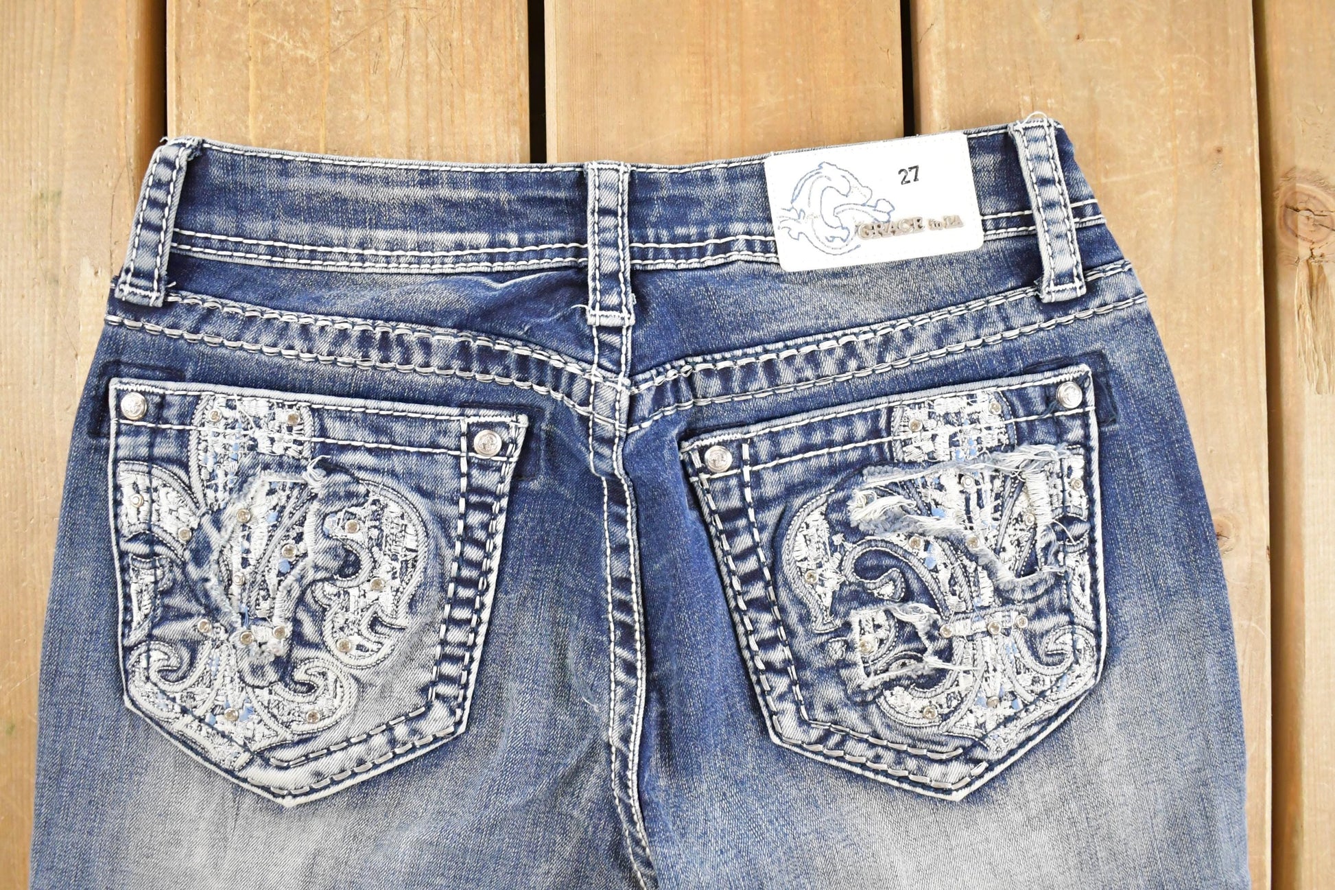 Vintage Deadstock Y2K Grace In LA Bedazzled Low Rise Jeans Women's Size 27 x 32