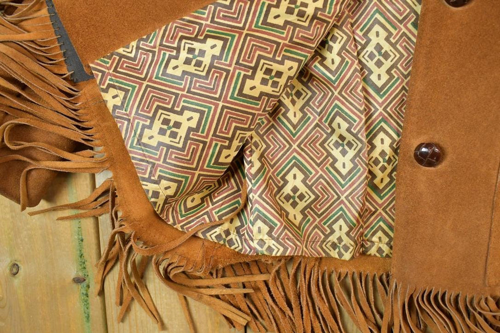 Vintage 1970s Aztec Pioneer Fringe Leather Western Jacket Made In USA