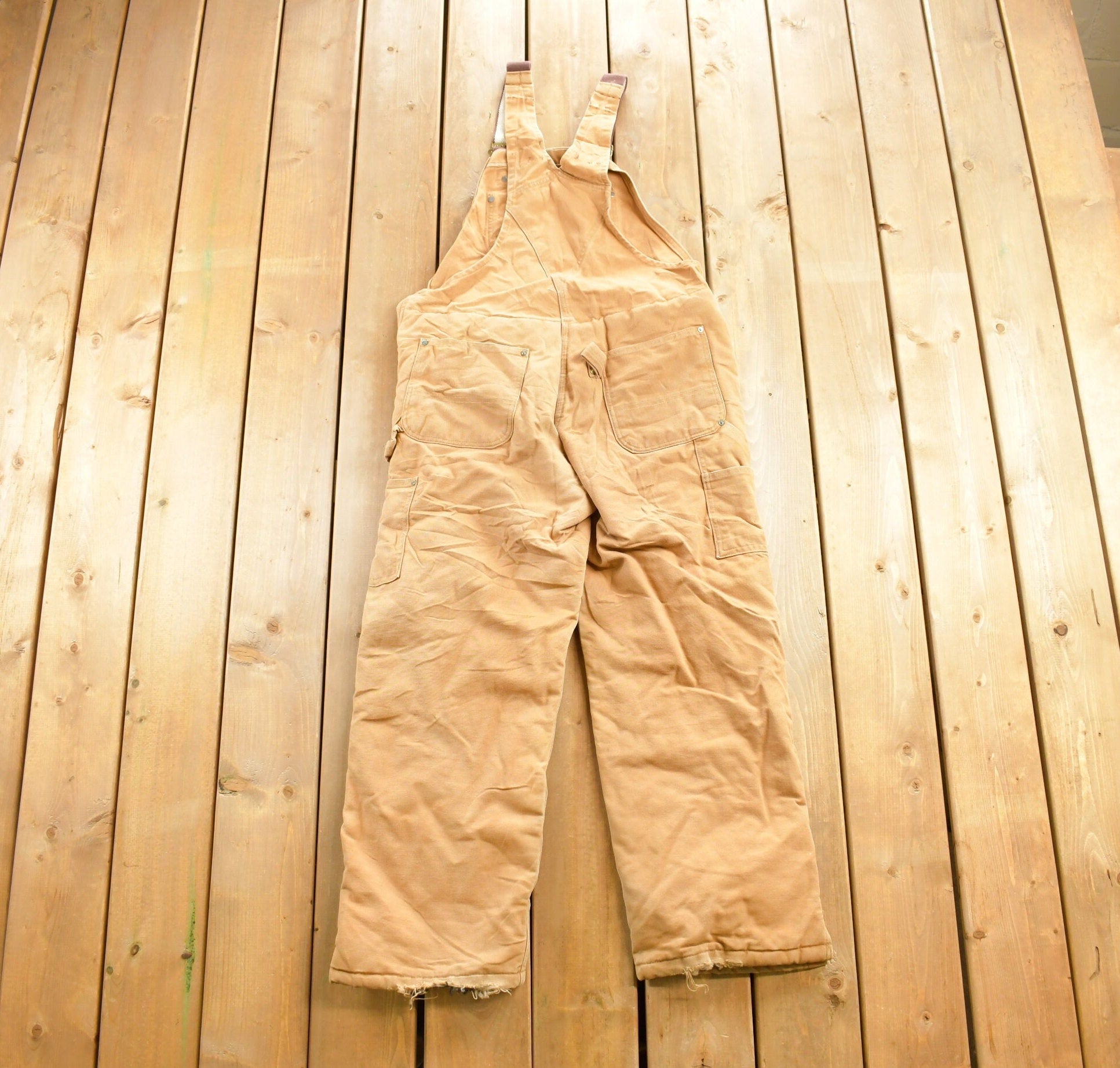 Vintage 1990s Beige Carhartt Double Knee Canvas Overalls Size 34x30
