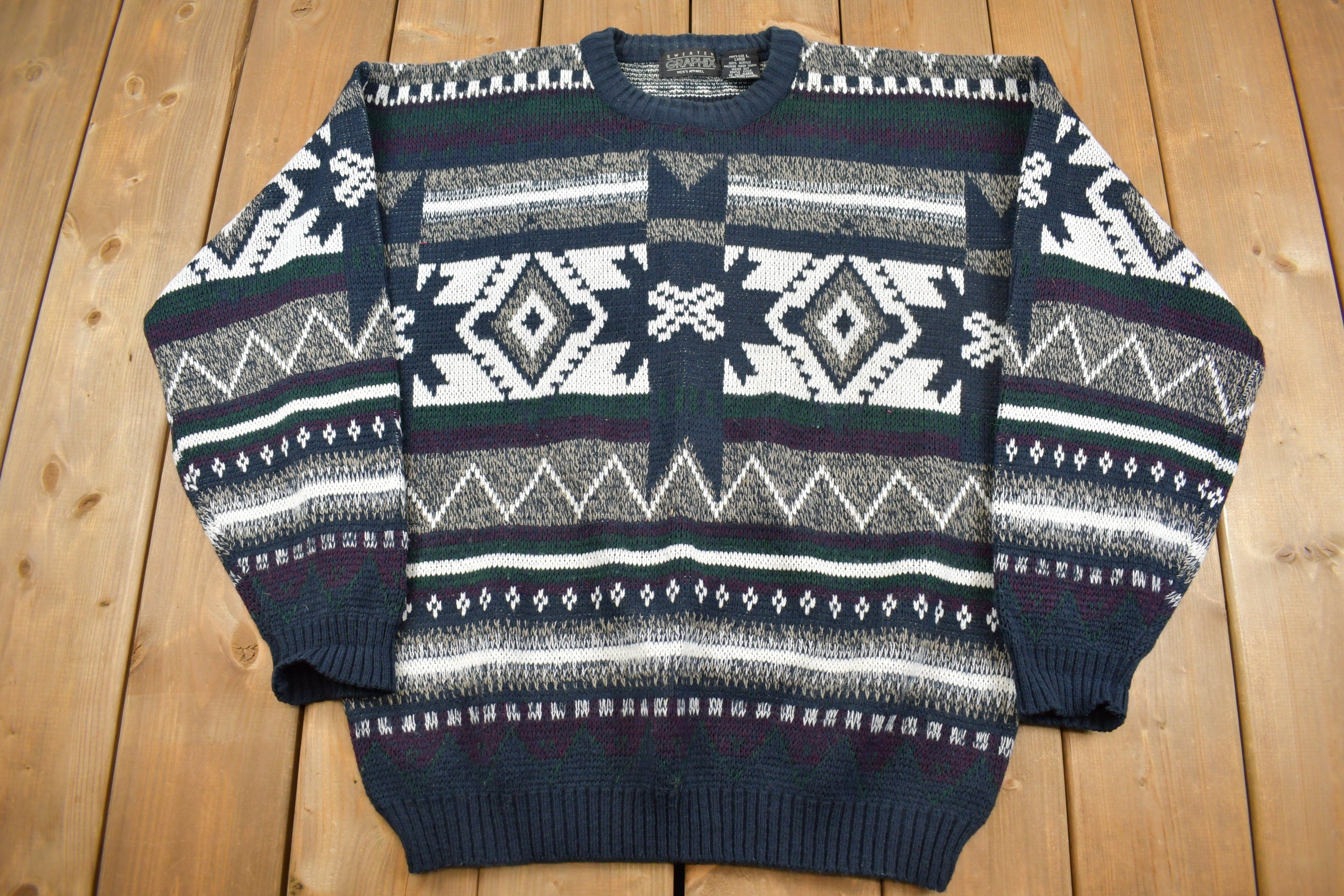 Vintage 1990s Graphix Abstract Striped Knit Crewneck Sweater /