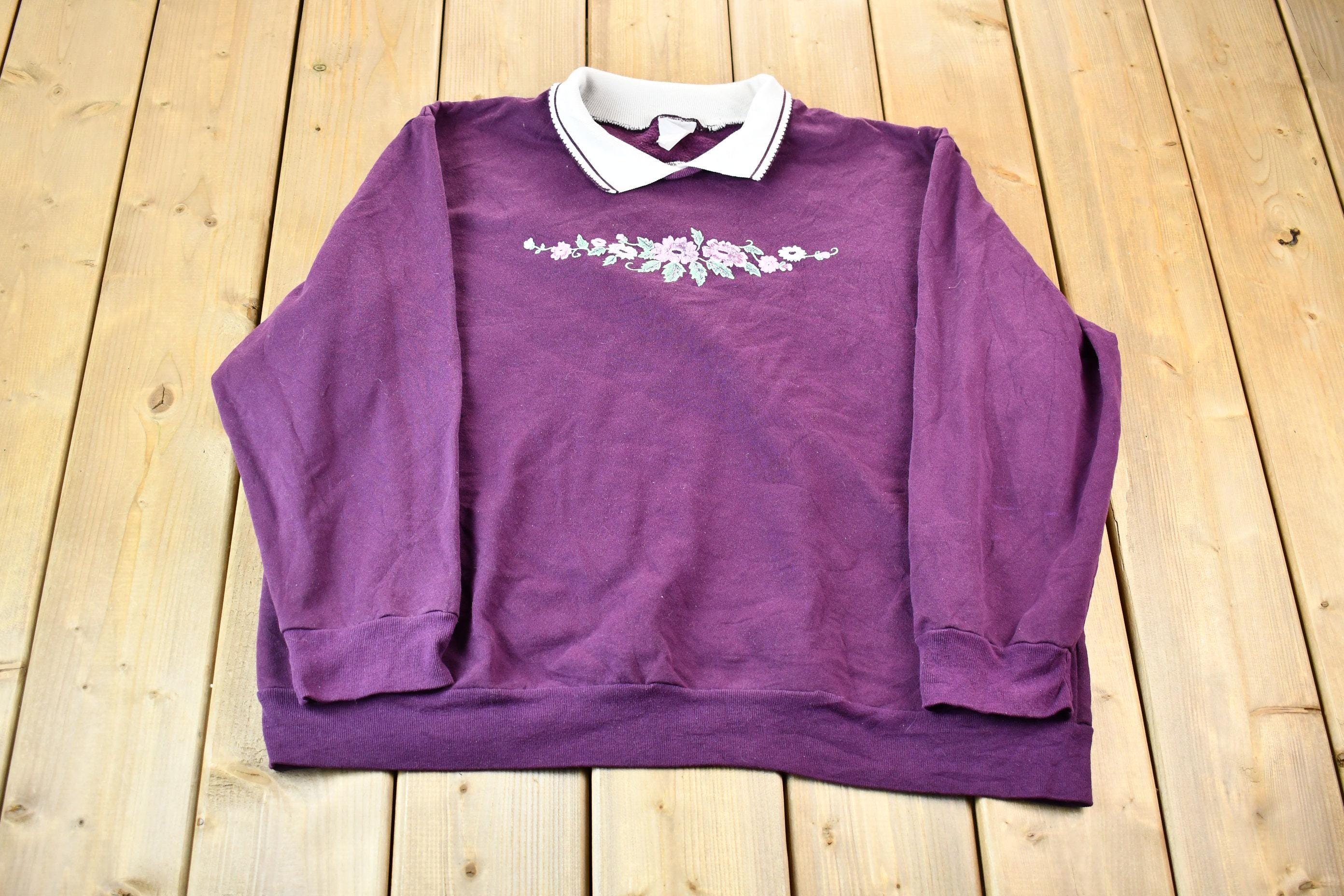 Vintage 1990s Dark Purple Floral Collared Graphic Sweatshirt