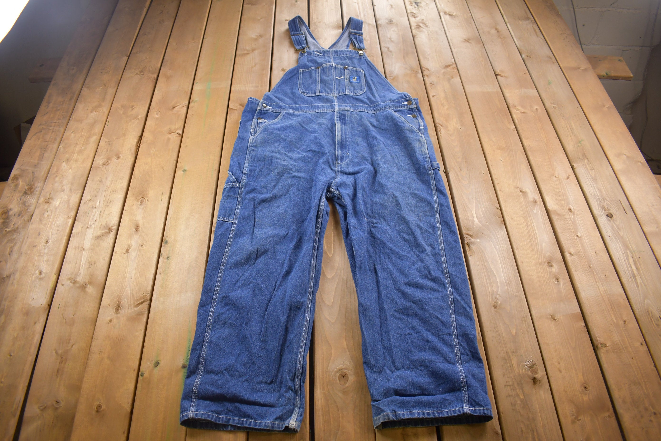 Vintage 1990s Real Work Wear Blue Denim Jean Overalls Size 46 Waist 27 Inch Inseam