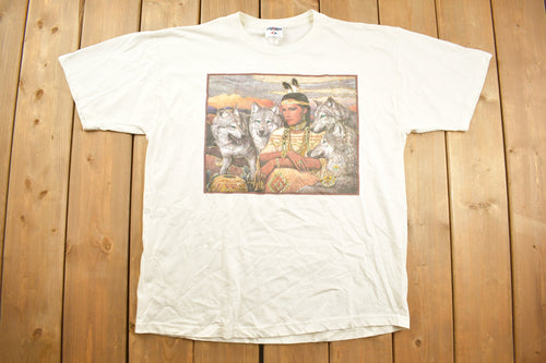 Vintage Y2K Native American Wolf Theme T Shirt / Outdoorsman / Wilderness / Vintage Animal Tee