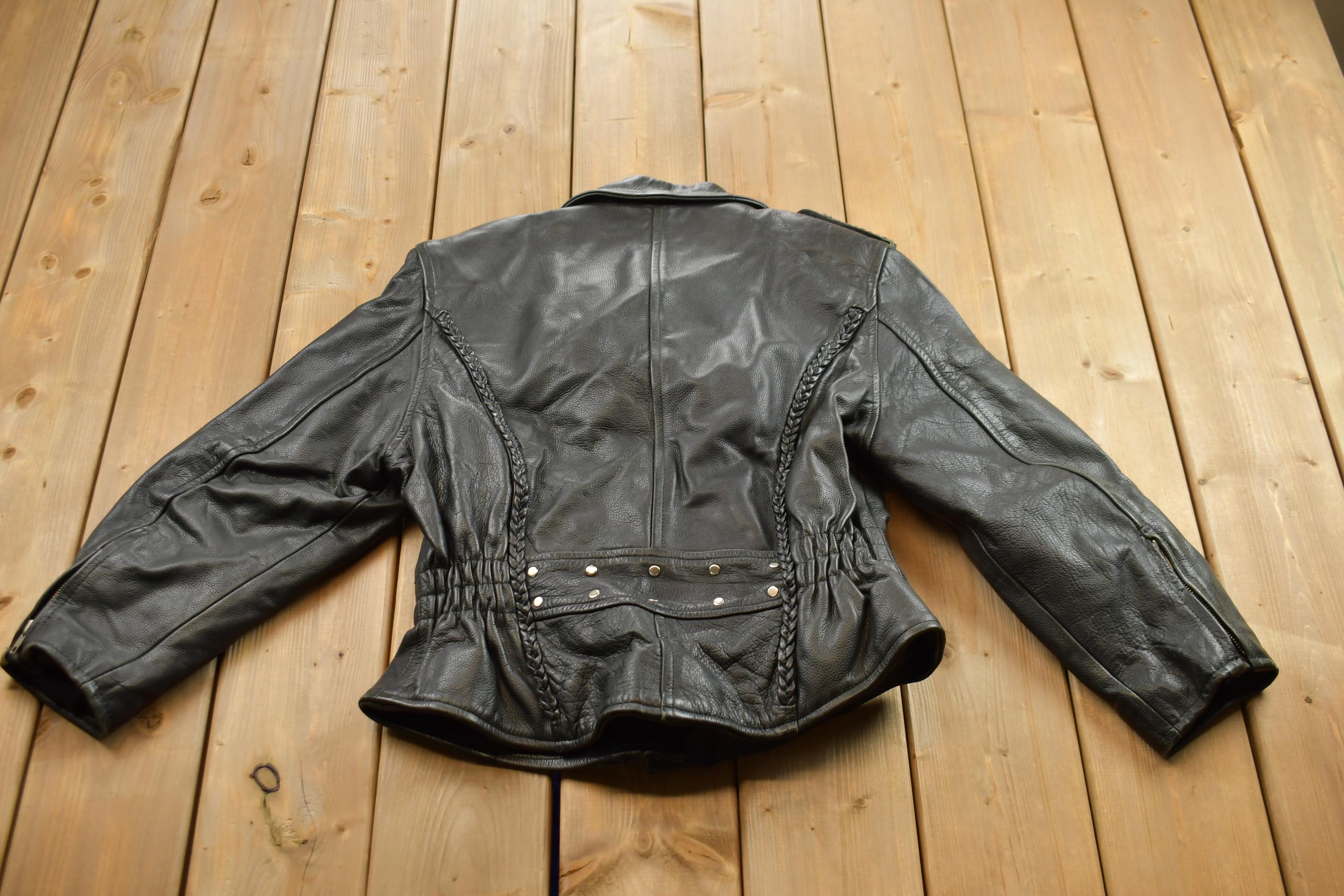 Vintage 1980s Womens Leather Braid Stud Biker Jacket