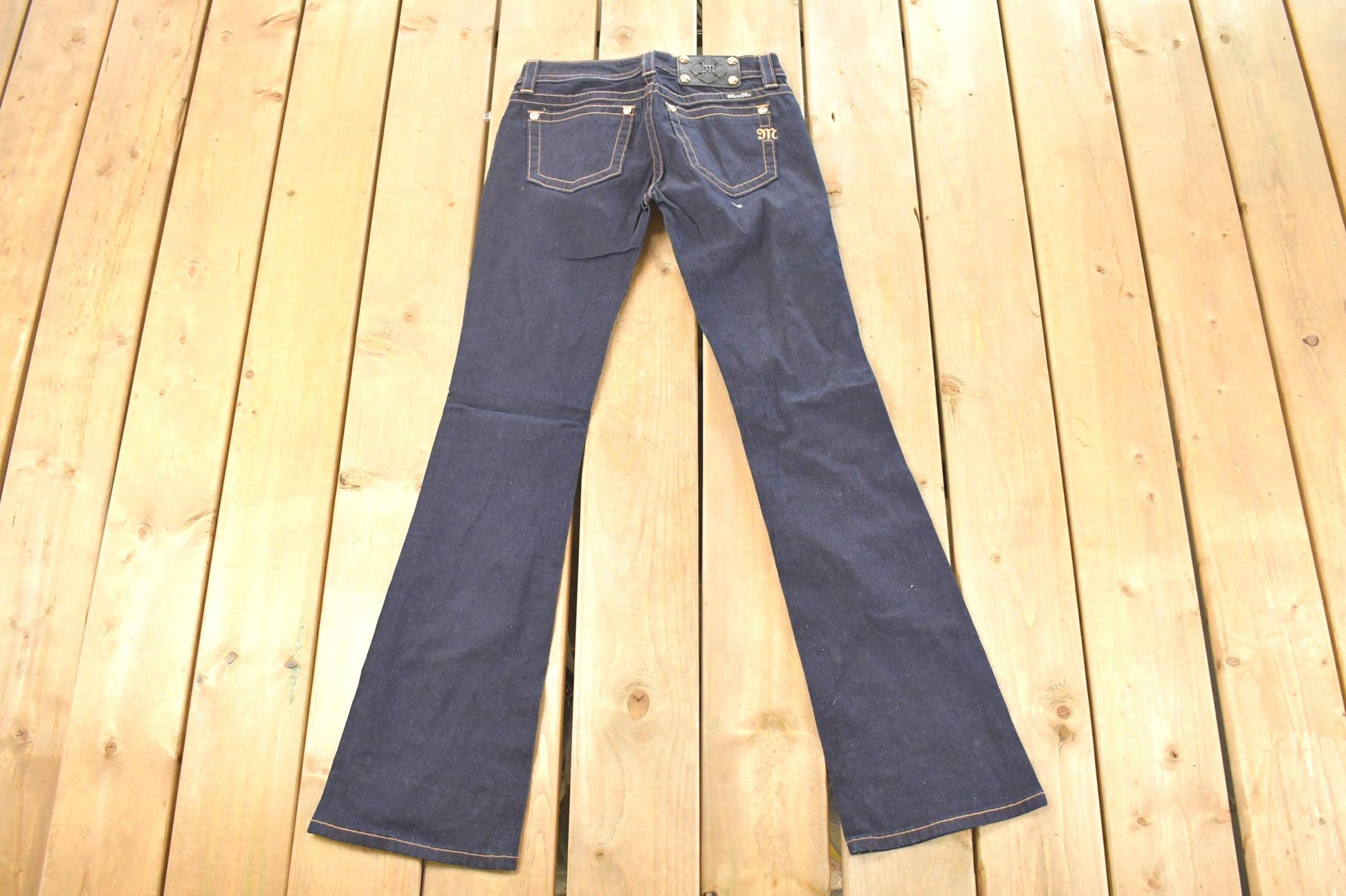 Vintage Deadstock Y2K Miss Me Bedazzled Low Rise Jeans Women's Size 26x31 / Boot Cut Jeans / 2000's Embroidered Contrast Stitched Denim