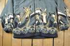 Vintage 1990s All Over Print Horses Medium Weight Fleece Hooded Zip Up Jacket