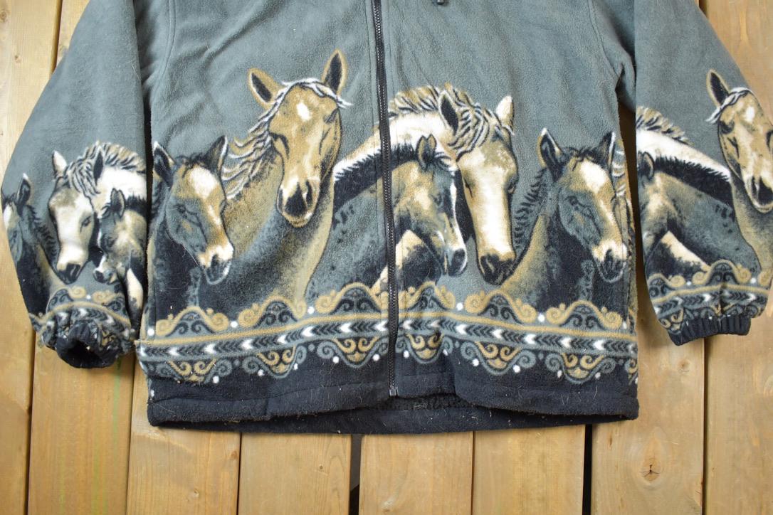 Vintage 1990s All Over Print Horses Medium Weight Fleece Hooded Zip Up Jacket